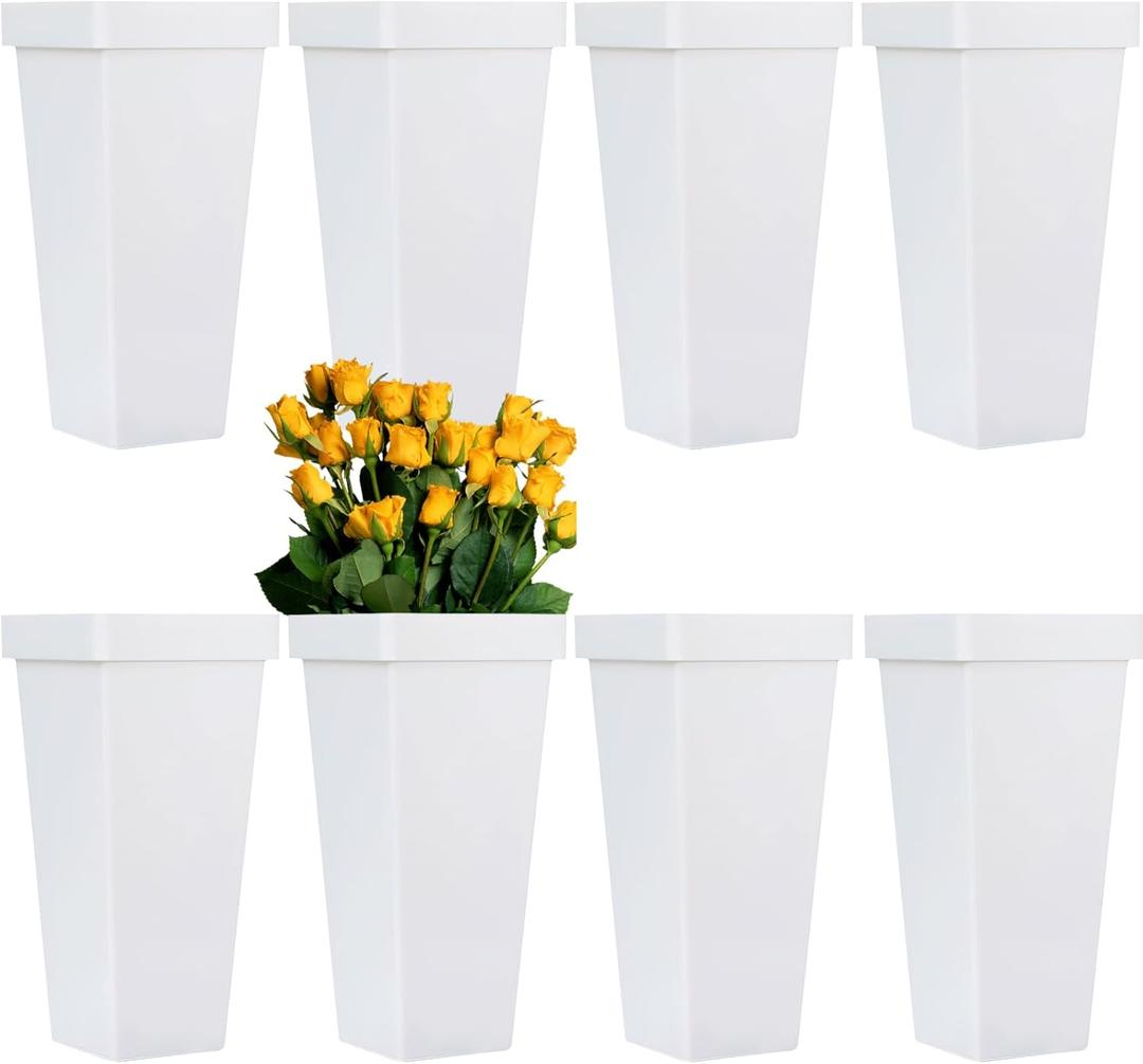8 Pcs Flower Buckets for Cut Flowers, 13.38 Inch Plastic Floral Buckets Modern Square Vases for Centerpieces Display Decorative Plastic Vases for Home Office Wedding Decor - White