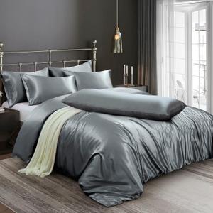 Ersmak 6 Pieces Satin Duvet Cover King Size Luxury Silky Bedding Duvet Cover Set with 1 Soft Duvet Cover, 4 King Pillowcases and 1 Body Pillowcase, Grey (Grey (No Comforter))