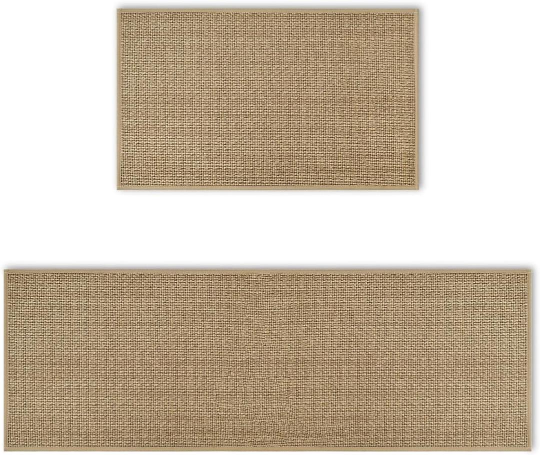 Artoid Mode Washable Non Slip Kitchen Rugs and Mats Set of 2, Rubber Backing Absorbent Kitchen Mats for Floor Front of Sink - 17x29 and 17x47 Inch (Linen)