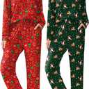 Ekouaer 2 Pack Women Pajama Long Sleeve Sleepwear Soft Loungewear Pjs Sets with Pockets Red Gingerbread Man/Green Santa Medium