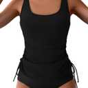 B2prity Tummy Control Tankini Swimsuit for Women Ruched Two Piece Bathing Suit Drawstring Swimwear with Bottom (Medium, Black)