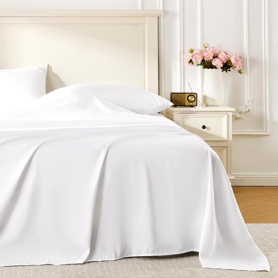 ROSE&RISY White Queen Sheet Set, 4 Pieces Soft Bedding Queen Sheet Set, Breathable and Cooling Sheets, Deep Pocket with 1 Fitted, 1 Flat, 2 Pillow Cases (White, Queen Size)