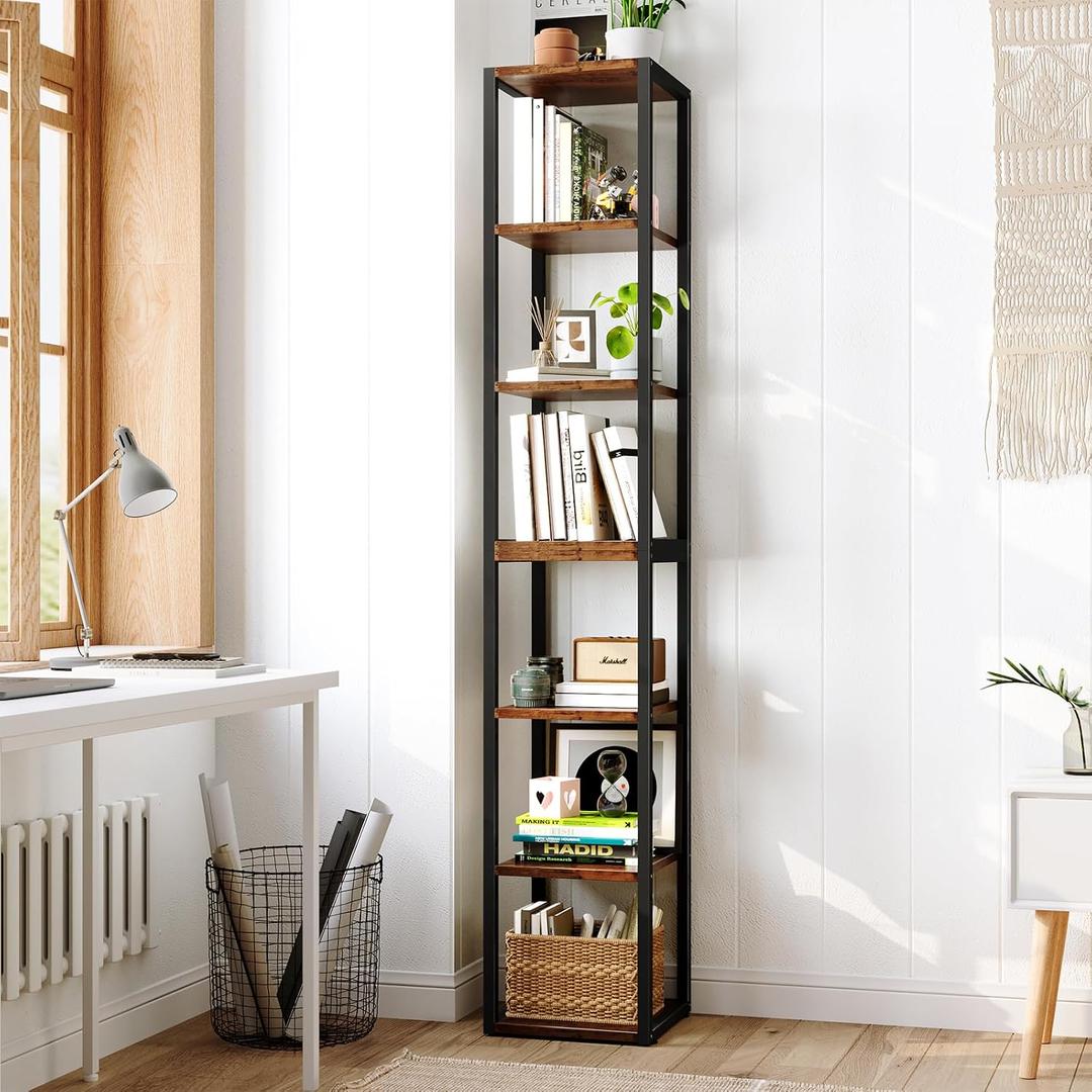 Narrow Bookshelf, 7 Tier Tall Bookshelves with Adjustable Shelves, DIY Stackable Bookshelf, Shelf Storage Organizer for Small Space, Living Room, Office, Study, Entryway, Industrial, Rustic Brown, 11.8"D x 13.2"W x 71.3"H