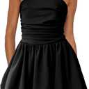 Women's Strapless Tube Top Bubble Mini Dress Ruched Bow Back Dresses Party Cocktail (Black, X-Large)