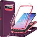For Samsung Galaxy S10 Case with 2Pcs Self Healing Flexible TPU Screen Protector & Camera Lens Protector, 3 in 1 Heavy Duty Shockproof/Drop Proof/Dust Proof Case (Wine Red/Rose Pink)