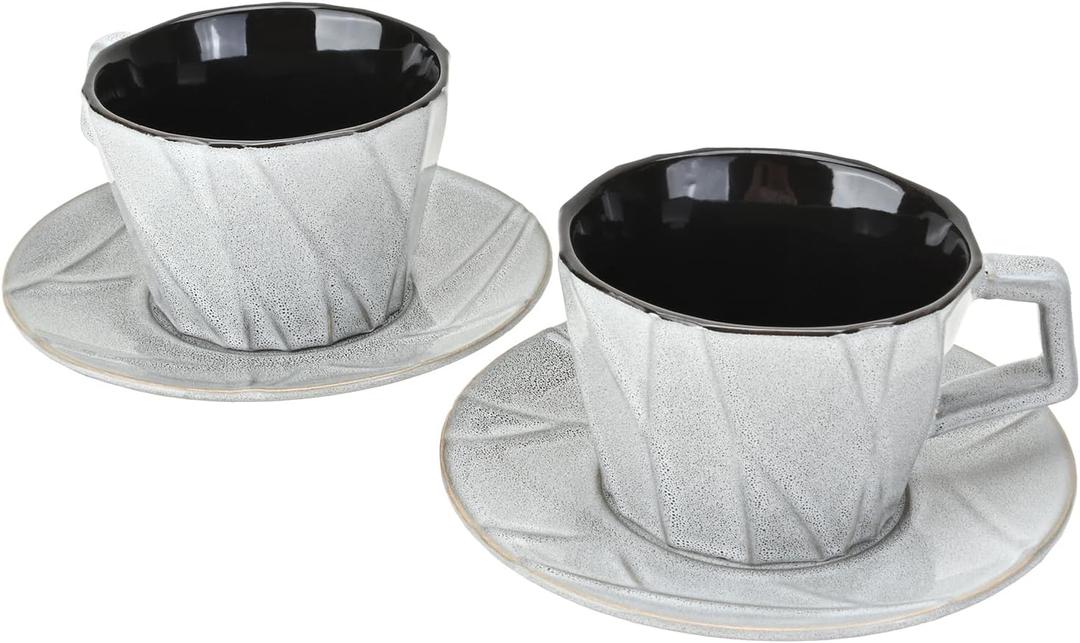 Ceramic Espresso Cups with Saucers 6 oz,Coffe Cups for Cappuccino,Latte,Tea with Saucers Set of 2 - Geometry - Gray
