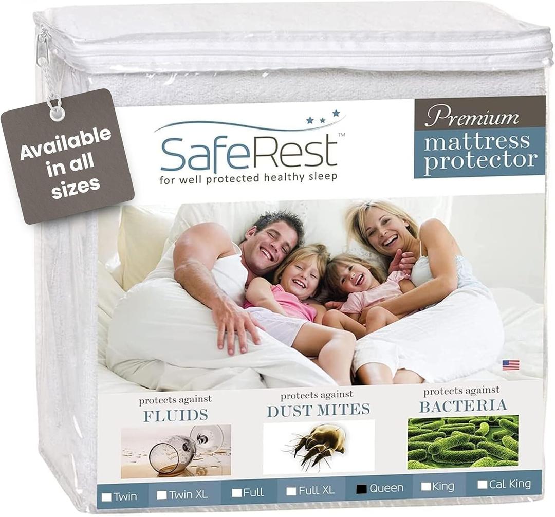 SafeRest Waterproof Queen Size Mattress Protector - Fitted with Stretchable Pockets - Machine Washable Cotton Mattress Cover for Bed