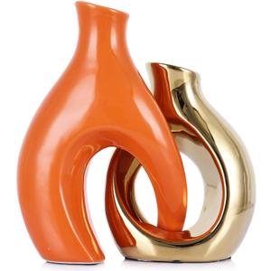 Orange and Gold Ceramic Hollow Vases Set of 2 - Mid Century Modern Donut Decorative Flower Vase, Boho Gold Vase for Pampas Grass and Wedding Dining Table Decor Centerpieces