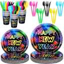 Yungyan 150 Pcs Neon New Years Eve Party Supplies 2026 Happy New Years Eve Plates Set for 25 Guest, Neon Plate Cup Knife Spoon Fork Party Supplies Decorations