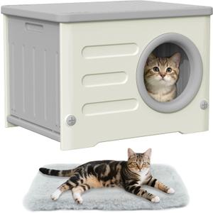 Outdoor Cat House Weatherproof Insulated,Plastic Waterproof Elevated Cat Shelter Stackable Pet House Cat Wave for Outdoor Indoor Use with Bed Cushion, Grey