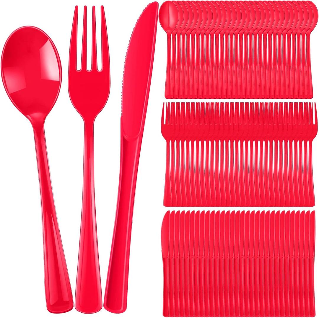 300 Pcs Plastic Silverware Heavy Duty Cutlery Set Plastic Utensils Set Includes 100 Disposable Spoons 100 Forks Knives for Parties Catering Family Gathering(Red)