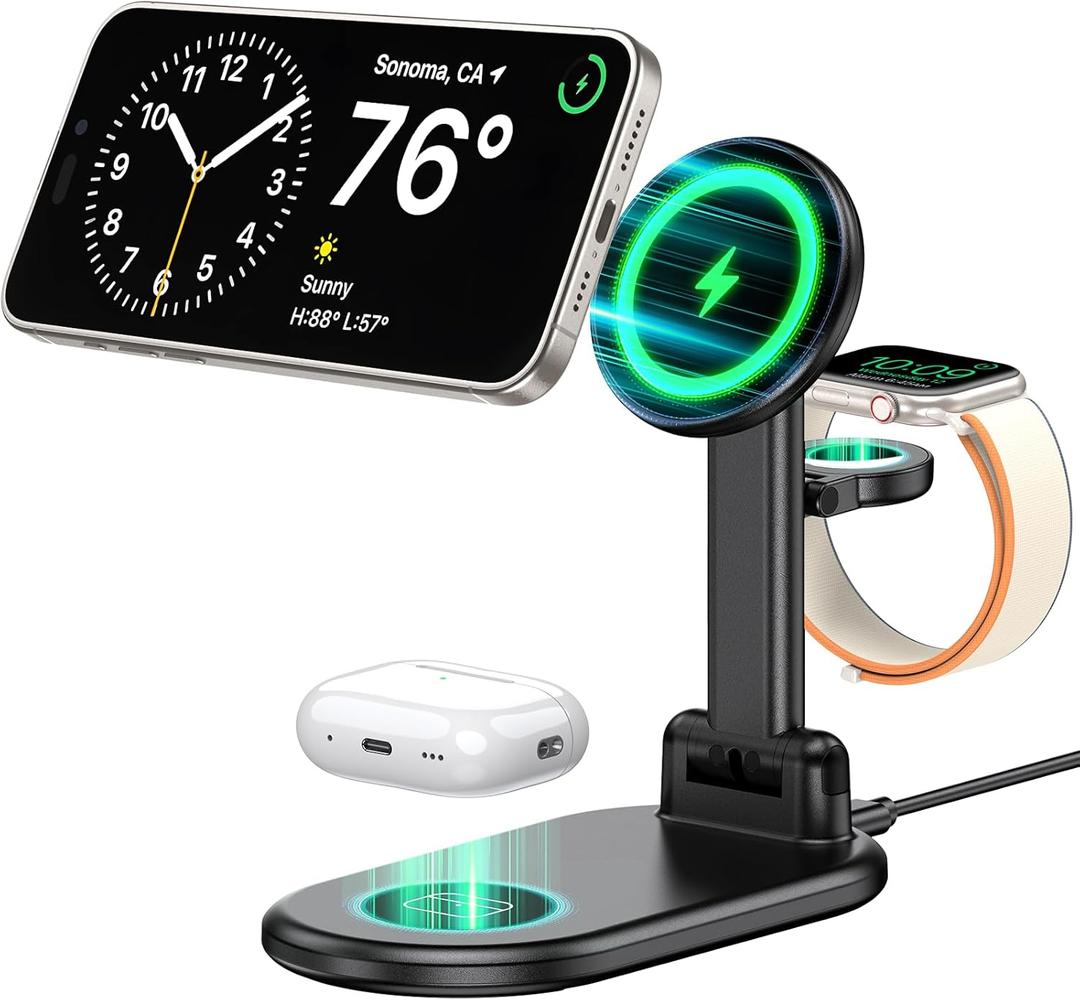 Magnetic Wireless Charger Mag-Safe 3 in 1 Charging Station,15W Max Foldable Wireless Charging Stand for iPhone 16/15/14/13/12, Fast Travel Charger for Multiple Devices iWatch Airpods (Black)