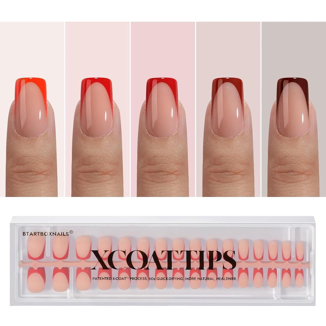 BTArtboxnails XCOATTIPS French Tip Press on Nails - Red French Tip Nails Square, Valentine's Press on Nails Short, Soak Off Soft Gel Nail Extension 160Pcs