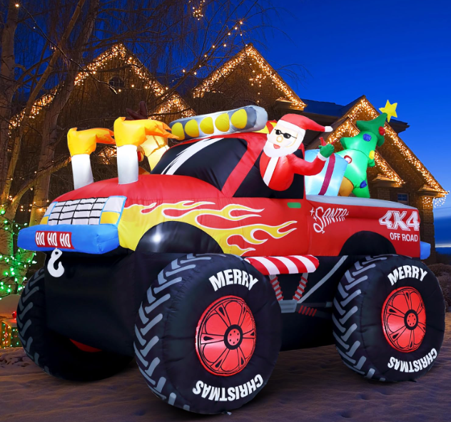 8 FT Long Santa in Monster Truck Christmas Inflatables Outdoor Decorations, Christmas Blow Up Santa Claus Yard Decorations for Garden Lawn Xmas Decor