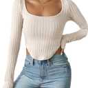 SOLY HUX Women's T Shirt Scoop Neck Long Sleeve Tee Asymmetrical Hem Knit Crop Tops (Beige, Small)