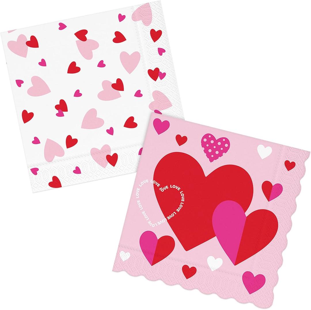 80 Valentines Paper Napkins Disposable 13in Pink Red Hearts Party Dinner Napkins