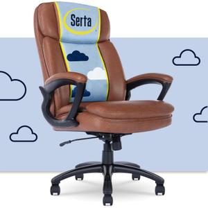 Serta Fairbanks Big & Tall Executive Office Chair, Ergonomic Comfy High-Back ComputerChairs with Lumbar Support, Semi-Plush Seat Cushion, Padded Armrests, Nylon Swivel Base, Bonded Leather, Cognac (350lbs)