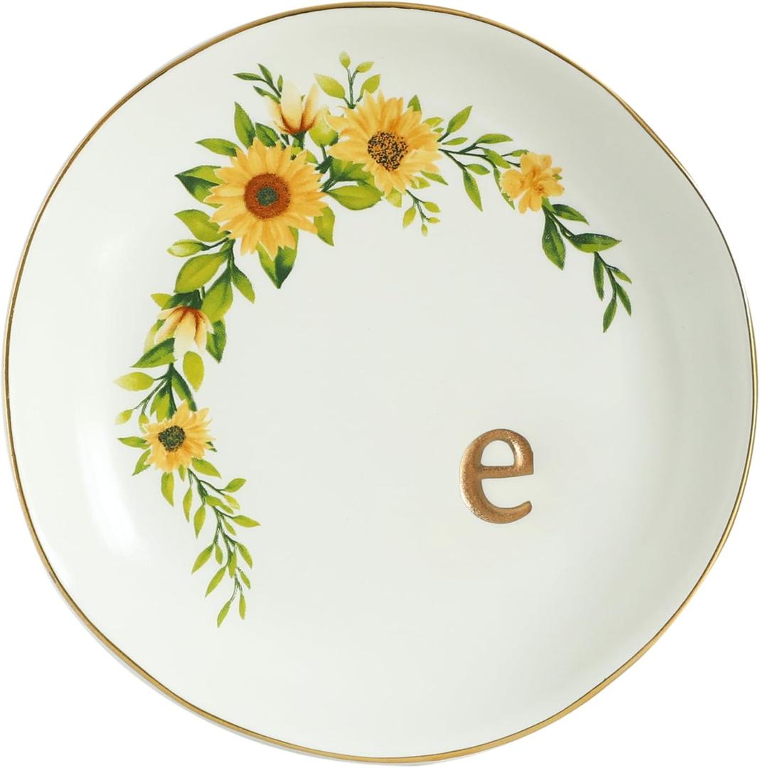 COLLECTIVE HOME - Ceramic Jewelry Tray, Trinket Dish for Rings Earrings Necklaces Bracelet Watch Keys, Birthday Mother's Day Christmas Gift for Women, 4.75", White Surface wirh Sunflowers (e)