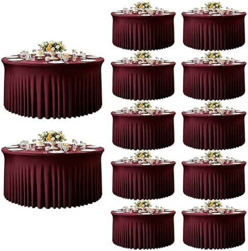 12 Pack Burgundy Table Cloth for 5FT Round Tables, Fitted Spandex 120 inch Round Tablecloth, Wrinkle Free Table Skirt for Receptions Birthday Photography Party Social Events Engagement Party Decor