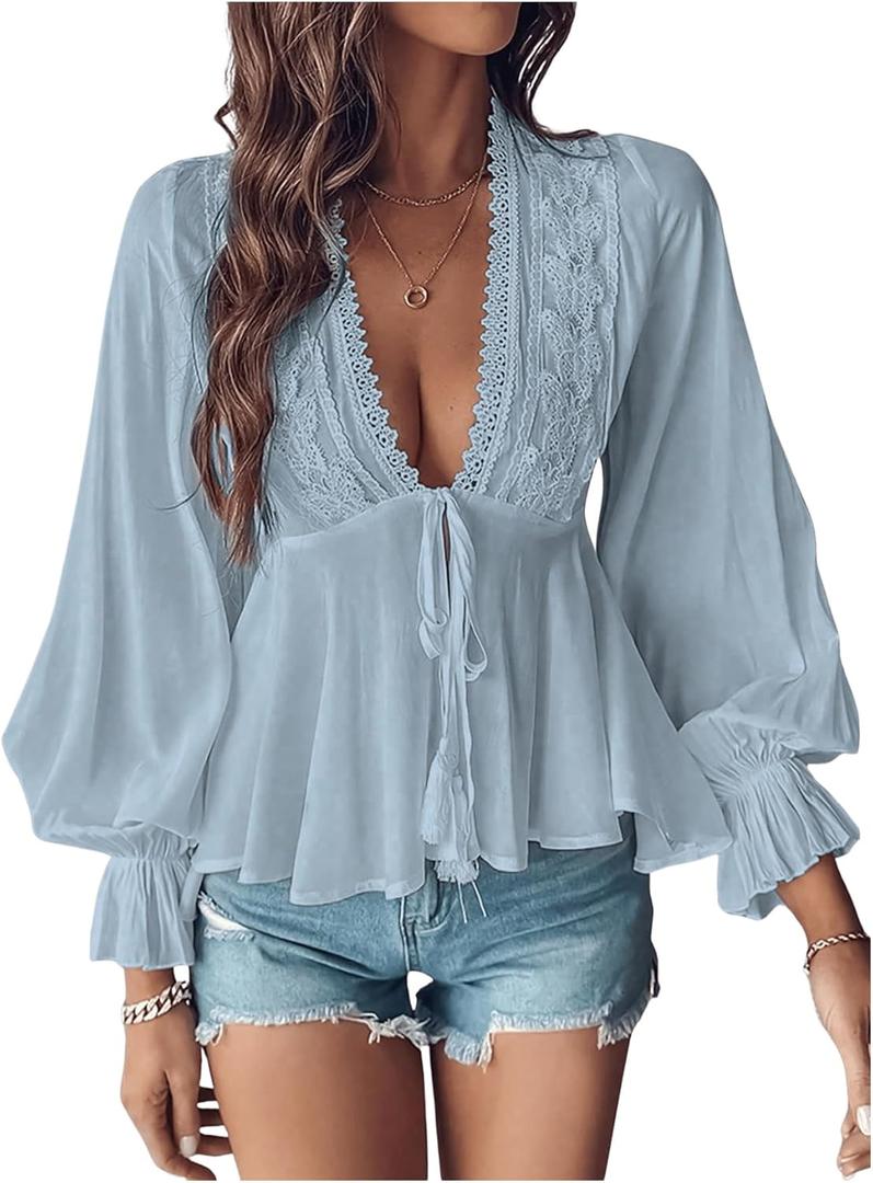 SweatyRocks Women's Lace Long Sleeve Peplum Top Tie Front Blouses V Neck Lantern Shirts, Blue, Medium