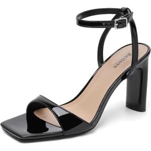 Reitoye Womens Heels Square Open Toe Chunky High Heels Strappy Ankle Strap Heeled Sandals for Women Dress Party Wedding (7.5, Black)