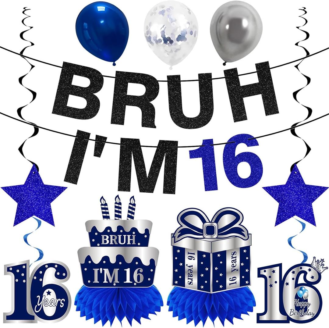 11Pcs 16th Birthday Decorations for Boys Men, Blue Sliver Happy 16th Birthday Banner, Bruh I'm 16 Balloons Centerpieces Swirls Party Supplies, Sixteen Bday Banner Ceiling Table Topper Sign
