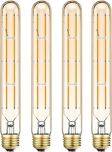 LVYE E26 Dimmable Led Tubular Bulb 8W Long Tube Edison Light Bulbs 2700K Warm White T10 Vintage Filament Bulb 75W Equivalent, 8.9inch, Amber Glass Cover E26 Medium Base. (4-Pack)