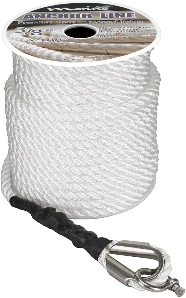 Marine System Made Nylon 3 Strand Anchor/Rigging Line Anchor Rope 3/8 Inch 100FT  White (3/8" x 100')