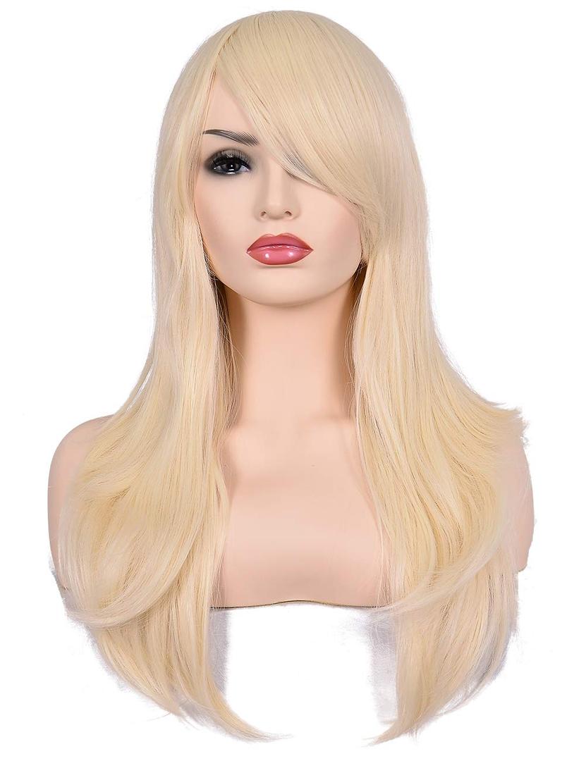 morvally 23 inches Long Curly Wig Big Wave Heat Resistant Synthetic Hair with Bangs for Cosplay Costume Halloween Party (613# Light Blonde)