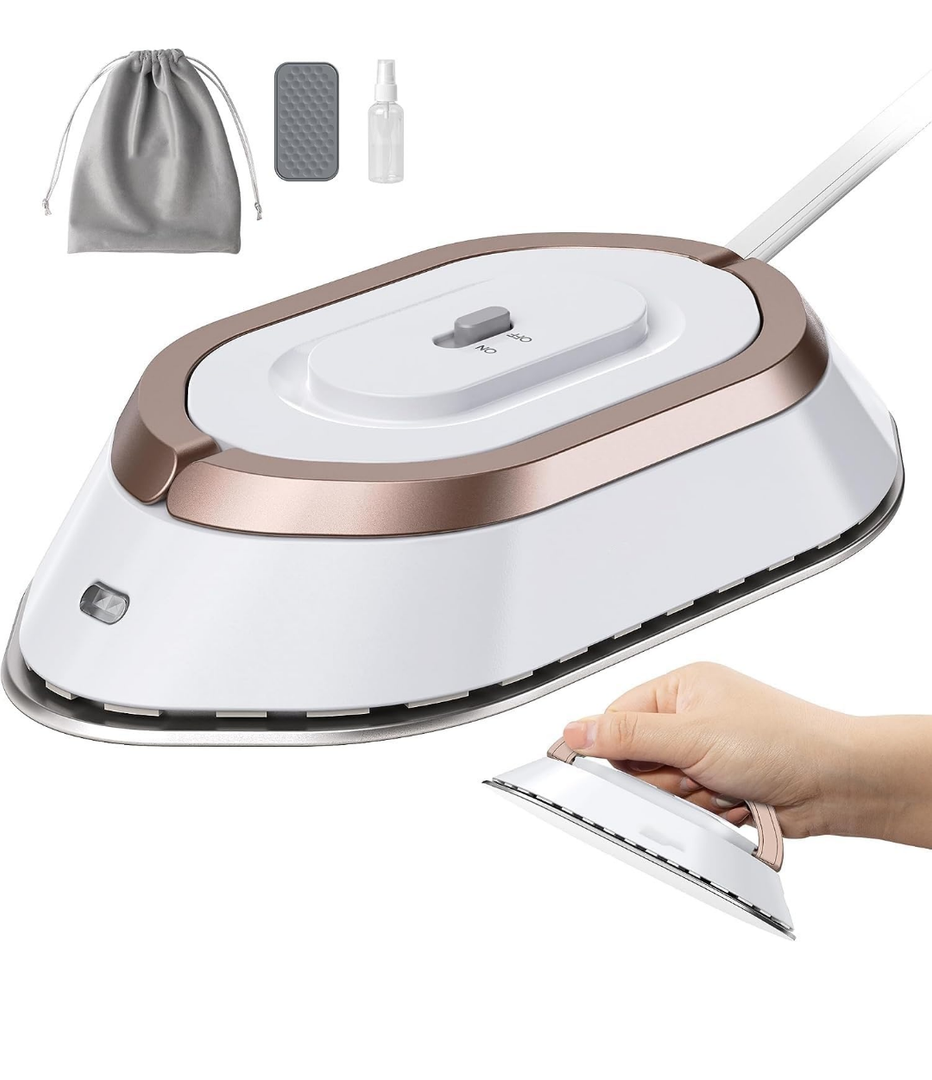Portable Travel Iron, Dual Voltage 120V/220V, Lightweight with Storage Bag, White and Rose Gold