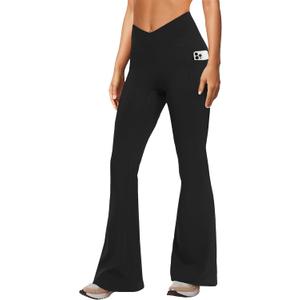 Women's Yoga Pants with Pockets No Front Seam Crossover High Waisted Flare Leggings Tummy Control Bootcut Pants (Large, Black)
