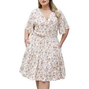 Nemidor Womens Plus Size Summer Dress Floral Print Boho Swing Short Sleeve V Neck Casual Mini Dresses with Pocket
