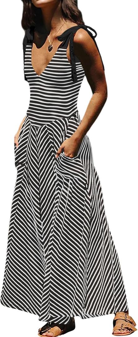 Women Casual Summer Striped Dresses Smocked V Neck Bow Beach Dress Sleeveless Sundress Beach Long Flowy Dress (M)