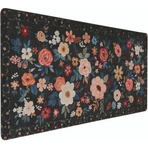 Floral XXL Large Mouse Pad with Stitched Edges, Anti-Slip Desk Mat for Keyboard and Mouse - Colorful Flower Pattern Office Decor, Home Computer Desk Pad Mat for Women, Ideal Desk Accessory (Black)