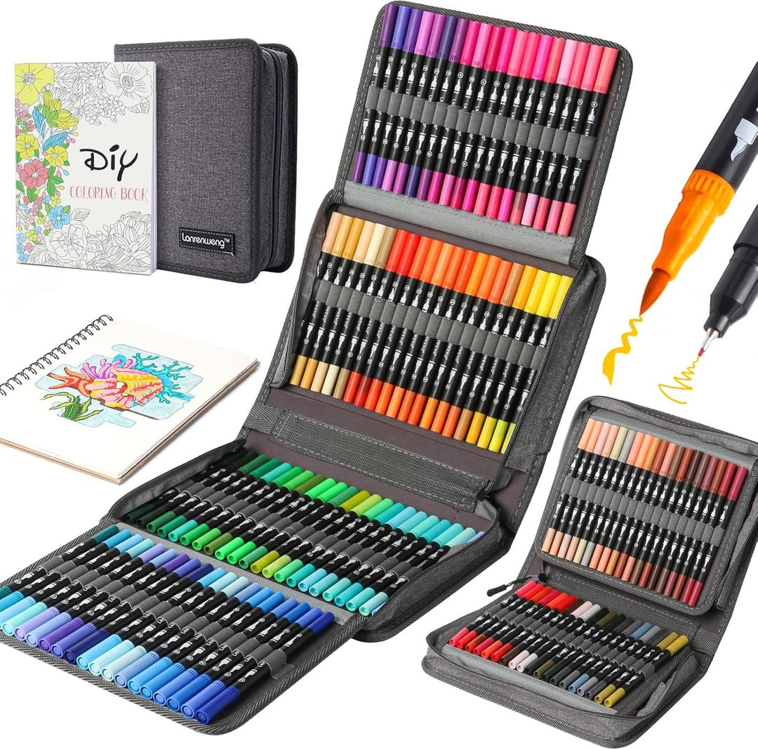 120 Colors Duo Tip Brush Markers Art Pen Set,LANRENWENG Fine Brush Tip Colored Pens Set with Canvas Bag,Markers for Adult Coloring Books Drawing Sketching Note taking Lettering Calligraphy