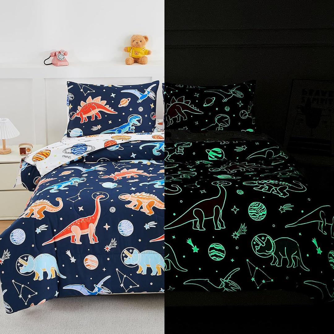 A Nice Night 5pc Glow in The Dark Kids Comforter Set,Dinosaur Galaxy Printed, Space Bedding Set Full Size for Boys Girls Teen
