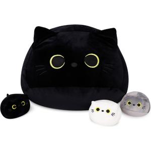 WeBingo Black Cat Plush Toy 4-Piece Set, 16'' Giant Cat Stuffed Animal Plushies Pillow with 3 Babies for Girl Boy Kid Adult, Large Big Soft Gift for Birthday Christmas Valentine's Day Home Decor