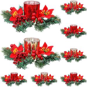Ceenna Set of 16 Christmas Candle Rings Wreaths Pine Garland Red Berry Poinsettia and Artificial Berries Pine Garland Candle Ring Holder for Christmas Wedding Home Table Centerpiece Party