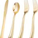 Liacere 200Pcs Gold Plastic Silverware-Gold Plastic Cutlery - Disposable Silverware include 100 Forks 50 Spoons 50 Knives Perfect for Parties&Weddings&Restaurants&Thanksgiving&Fall Decor