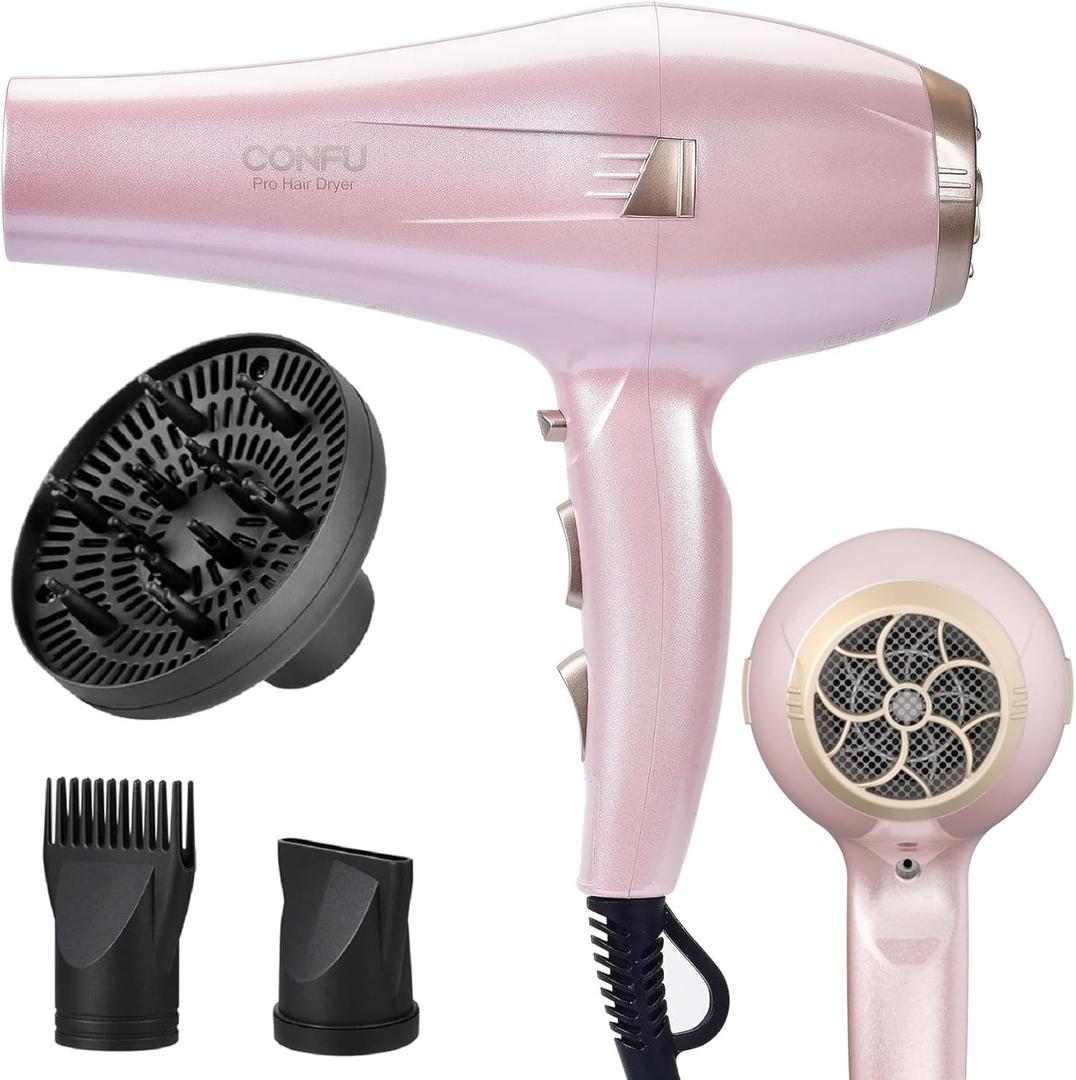CONFU Hair Dryer, Professional Ionic Salon Blow Dryer with Diffuser for Women and Men, 5X Fast Drying, Powerful and Quiet Hair Blow Dryer for Fast & Easy Styling (1875 Watts) (Pink)