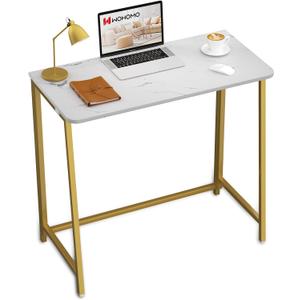 WOHOMO White Faux Marble Folding Desk, 31.5" Small Desk for Small Spaces with Gold Legs, Easy Assemble Foldable Computer Desk, Mini Portable Working Table for Home Office, White and Gold
