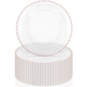 24 Pack Clear Charger Plates With Rose Gold Beaded Rim, 13 Inch Acrylic Round Plate Chargers for Dinner, Plastic Decorative for Table Setting, Wedding, Party, Event (Rose Gold)