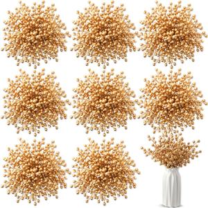 Censen 50 Pieces Artificial Holly Berry Stem Picks with Snowflake Frosted Christmas Tree Branches Fillers Ornaments Snowy Berry Twig Branches for Xmas Garland Wreath Winter Home Decor(Gold)