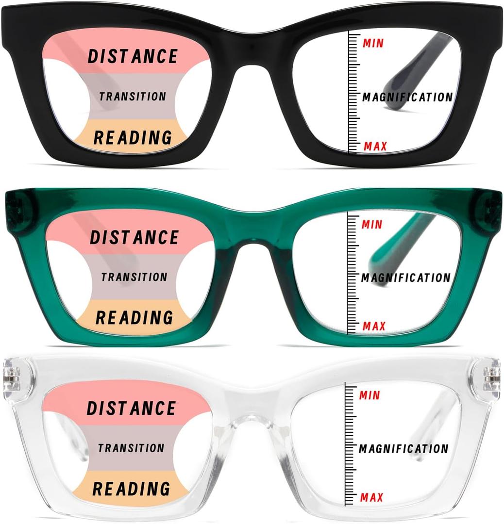 Hubeye Progressive Reading Glasses For Women Oprah Style Blue Light Blocking Computer Multifocus Square Reader （Green+Black+Clear，+2.25）