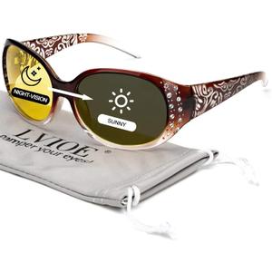 LVIOE Night-Vision Driving Glasses Wrap Around Anti Glare with Polarized Yellow Lens for Women (C2 Brown Gradient Wrap Around Frame/ Photochromic Polarized Lens)
