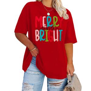 Merry and Bright Plus Size Shirt Women Chenille Patch Christmas Tops Holiday Shirt Women Embroidery Xmas Tee Tops (Red)