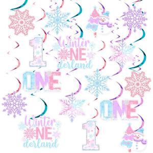24Pcs Winter Snowflake 1st Birthday Hanging Swirls, Blue Purple Pink Ceiling Streamers Hanging Ornaments, Winter Wonderland One Year Old Birthday Party Supplies for Girls
