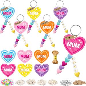 WATINC Heart Beaded Wooden Keychain Craft Kit - 24Pcs DIY Mothers Day Party Favor with Thank You Cards for Mom Grandma, Mothers Day Beads Craft School Classroom Party Fun Activities (Heart)