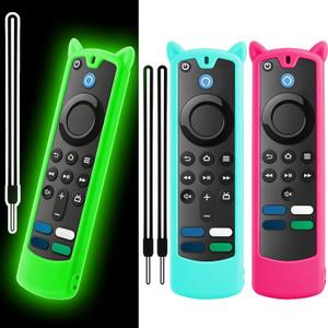 Wevove 3 PCS Fire Stick Remote Cover for Alexa Voice Remote 4k/4k Max/Lite(3rd Gen) 2021 Release, Fire Stick Cover Anti Slip Protective Sleeve Case with Lanyard(Only Green Glow in The Dark) (Sky Blue&Glow Green&Rose Red)