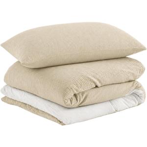 EMME Cotton Muslin Duvet Cover Set Queen Size Linen Like Soft Breathable Lightweight Summer Comforter Cover Set with Zipper Closure (Light Tan&White, Queen, 90"x90")